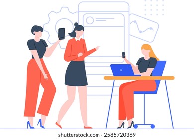 Businesswomen colleagues working together using laptop and smartphone, discussing marketing strategy and analyzing financial charts in a modern coworking space