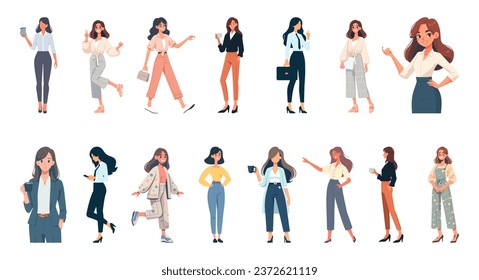 Businesswomen collection. Set of businesswoman or office worker characters with various poses, facial emotions and gestures. Flat graphic vector illustrations isolated on white background.