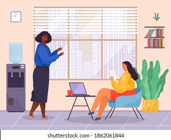 Businesswomen communicating, black african woman gesturing hands, talking with colleague, partner, caucasian female reading document, paperwork, project, strategic plan, people working in office