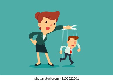 Businesswomen controlling puppet businessman hanging on strings. Business manipulation concept.