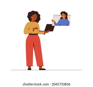 Businesswomen discuss projects via video call. Girl talks with her friend online. People communicate and work remotely and using laptop for meetings. Vector illustration