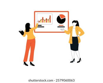 Businesswomen are discussing their work, and in front of them is a large monitor displaying some data analysis.
design, vector, illustration