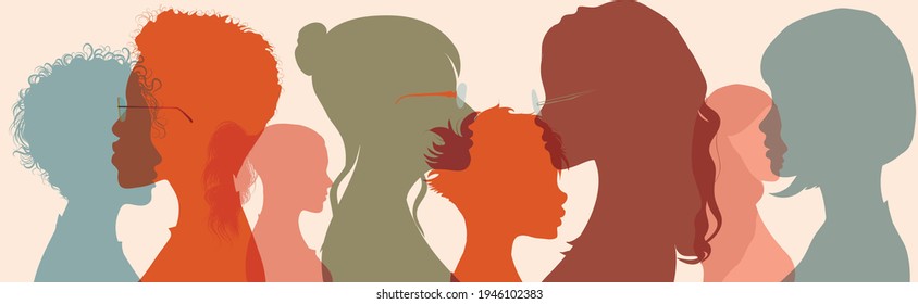 Businesswomen of diverse cultures social network community. Silhouette group of multiethnic women who talk and share ideas and information. Communication and friendship. Racial equality