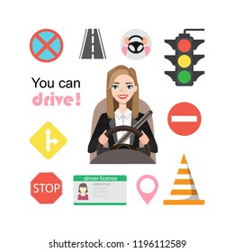 Businesswomen drive a car. Set of road symbols and woman driver character