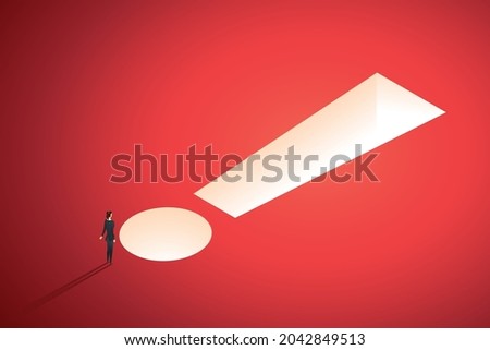 Businesswomen face exclamation mark Warning of the dangers of investing or business risks, problems, failure prevention economic bankruptcy. isometric vector illustration.