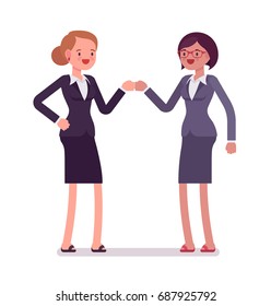 Businesswomen fist bump, wearing office blazer and classic pencil skirt, approval, brainstorming result. Polite friendly gesture. Vector flat style cartoon illustration, isolated, white background