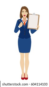 Businesswomen giving pen for your signature on clipboard. Full length portrait of businesswoman in a flat style. Vector illustration.