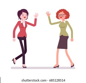 Businesswomen greeting with hands. Friendly and polite informal way meeting, corporate occasion cheer, Business relations concept. Vector flat style cartoon illustration, isolated, white background