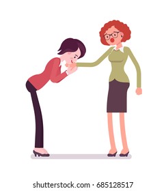 Businesswomen hand kiss gesture. Showing courtesy, politeness, respect, admiration or devotion. Business relations concept. Vector flat style cartoon illustration, isolated, white background