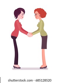 Businesswomen in handshake, two hands. Building trusting cooperation, important contacts, acquaintance. Business relations concept. Vector flat style cartoon illustration, isolated, white background