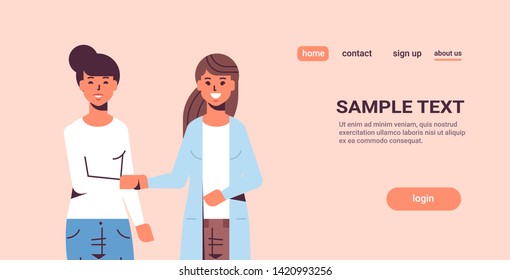 businesswomen handshaking business partners couple hand shake during meeting agreement partnership concept female colleagues standing together flat portrait horizontal copy space