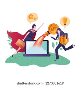 businesswomen with hero cape and device screen