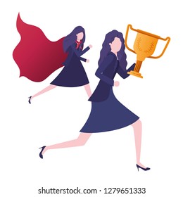 businesswomen with hero coat and trophy