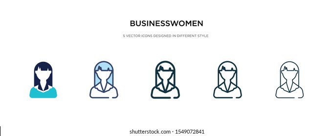 businesswomen icon in different style vector illustration. two colored and black businesswomen vector icons designed in filled, outline, line and stroke style can be used for web, mobile, ui