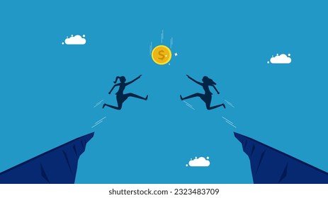 Businesswomen jumping to grab a coin. business competition for profit