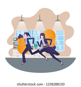 Businesswomen with light bulbs in room