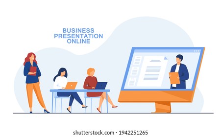 Businesswomen listening to presentation online. Screen, company, laptop flat vector illustration. Business meeting and communication concept for banner, website design or landing web page