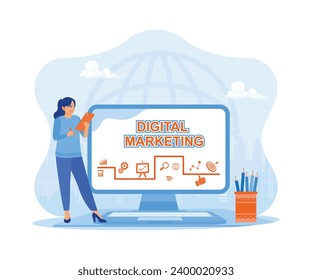 Businesswomen make digital marketing plans by placing ads on social media. Business innovation technology concept to increase marketing targets.  