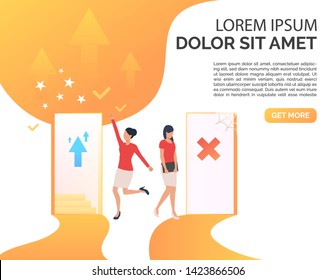 Businesswomen making career presentation slide template. Promotion, failure, open door, sample text. Business concept. Vector illustration for presentation slide, poster, new project