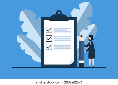 businesswomen marked checklist on a clipboard paper. Successful completion.