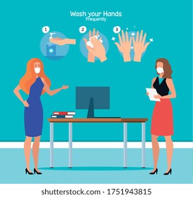 Businesswomen with masks at office and hands sanitizer and washing steps design, Disinfects clean antibacterial and hygiene theme Vector illustration