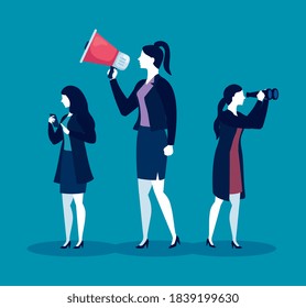 Businesswomen with megaphone binoculars and smartphone on blue background design, business and management theme Vector illustration