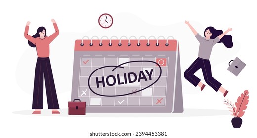 Businesswomen near big calendar jumping with joy to celebrate holidays. Company holiday for employee to take break and recharge. Long holiday, happy female office workers. Job break, rest. flat vector