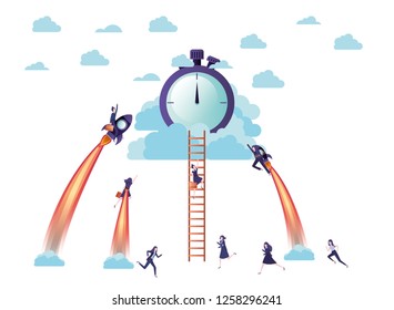 businesswomen on rocket and clock avatar character