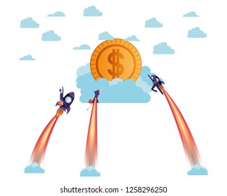 businesswomen on rocket and coin avatar character