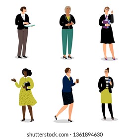 Businesswomen with phones and papers. Vector office women walk and communicate - vector illustration. Businesswoman phone conversation, multitask businesspeople illustration