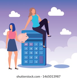 businesswomen with piggy save money and finance calculator