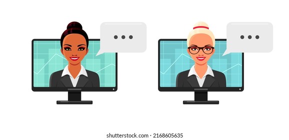 Businesswomen portraits on computer screen. Set of female characters, Indian and European girls, trader, manager or realtor with graph. Vector cartoon illustrations isolated on white background