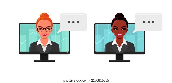 Businesswomen portraits on computer screen. Set of female characters, African American and European girls, trader, manager or realtor with graph. Vector cartoon illustrations isolated on background