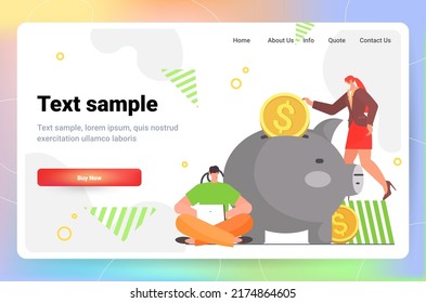 businesswomen putting coins into piggy bank savings save money bank deposit concept horizontal copy space