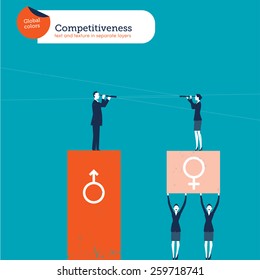 Businesswomen raising a woman with spyglass to the same level of a businessman.
Vector illustration Eps10 file. Global colors. Text and Texture in separate layers.