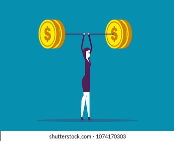 Businesswomen are readily raised the bar with coin weight. Vector illustration currency business concept.