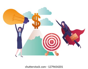 businesswomen with set of icons