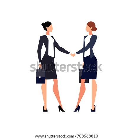 Businesswomen shake hands isolated on white background. Businesswomen came to an agreement and completed the deal with a handshake. Template for banner or infographics. Vector illustration.