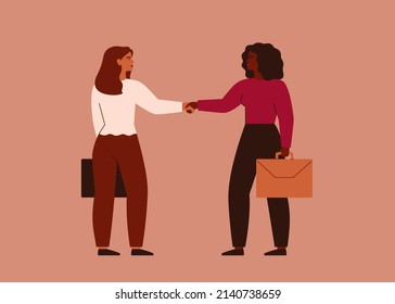 Businesswomen shake hands and look at each other. Young female entrepreneurs made a deal or agreement and will work together on some project. Vector illustration