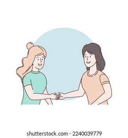 Businesswomen shake hands and look at each other. Female cooperation. Meeting of two women. Young female entrepreneurs made a deal or agreement and will work together on project. Vector illustration
