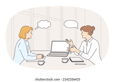 Businesswomen sit at desk talk brainstorm at office meeting. Female colleagues or business partners have negotiations or briefing. Empty copy space in speech bubble. Vector illustration. 