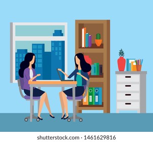 businesswomen sitting in the chair with table and books