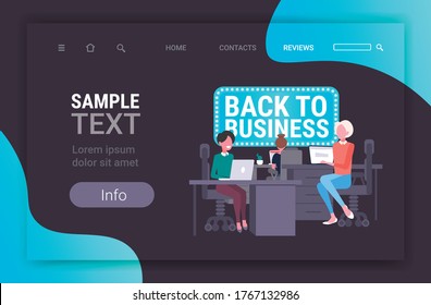 businesswomen sitting at office desks with laptops back to business board coronavirus quarantine is over concept horizontal full length copy space vector illustration