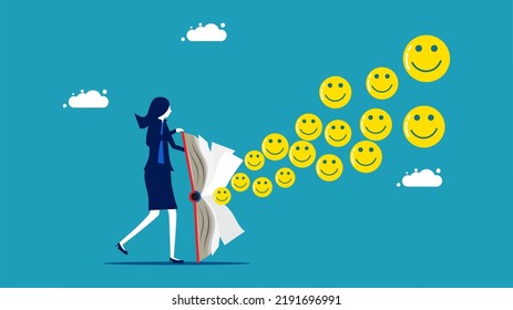 Businesswomen spread optimism. smiley face icon floating from the book