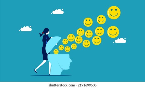  Businesswomen spread optimism. smiley face icon floats out of his head