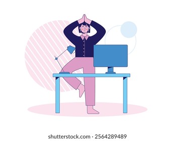 Businesswomen standing in mediation pose in workspace, calm and focus. Character design. Vector flat illustration