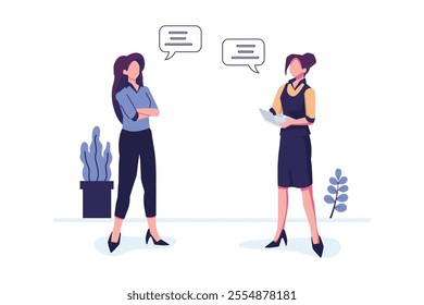 Businesswomen standing and talking together at work with computers and speech bubbles flat style illustration vector design