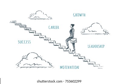 Businesswomen stepping up the stairs to the sky. Vector business concept hand drawn sketch. Success, leadership, growth, career, motivation.