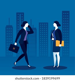 Businesswomen with suitcase and file in front of city buildings design, business and management theme Vector illustration