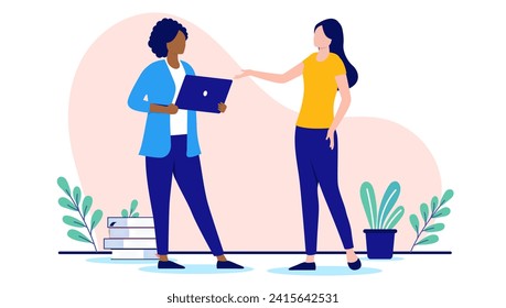 Businesswomen talking - Two women having conversation and dialogue together about work and business. Flat design vector illustration with white background